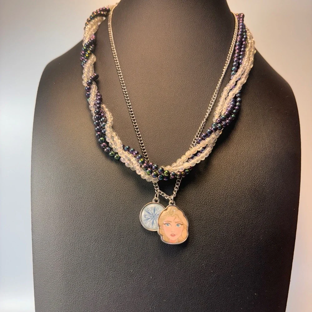 Disney Frozen Elsa Necklace Set Silver Purple Glass Bead Twisted Kidcore Boho